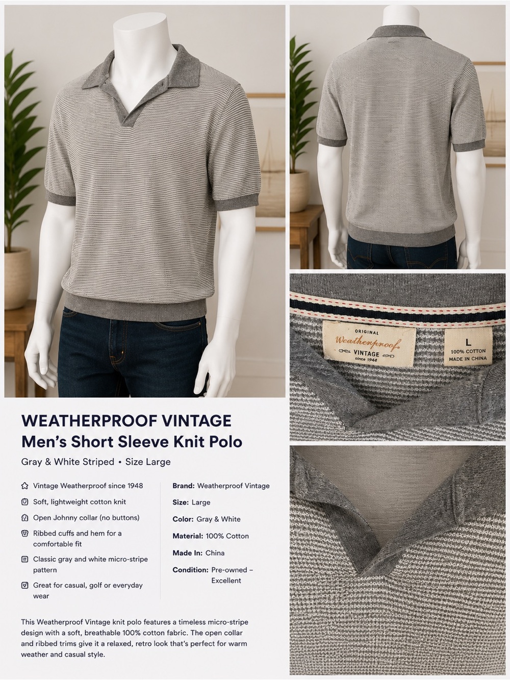 Polo Short Sleeve Weatherproof Vintage Gray & White Micro-Stripe